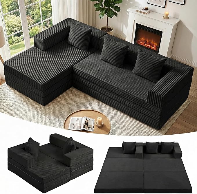 Modular Sectional Sofa, Boneless Convertible Oversized Sleeper Sofa Bed, Modern Tri-Folding Cloud Couch with L-Shape Chaise, Corduroy Futon Couches for Living Room Small Spaces Apartment,No Assembly
