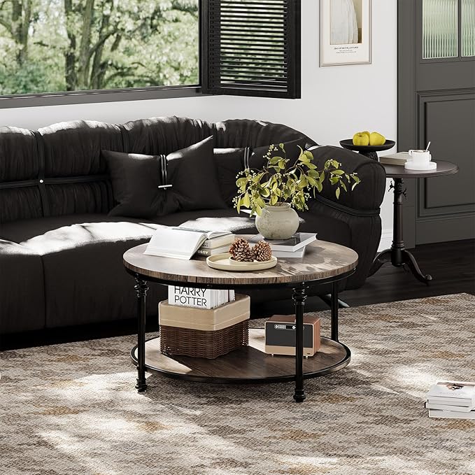 Garvee Round Coffee Table, 2 Tier Center Table with Storage for Living Room, 30.5 x 18 in, Wood Center Table for Living Room, Apartment, Easy to Assemble