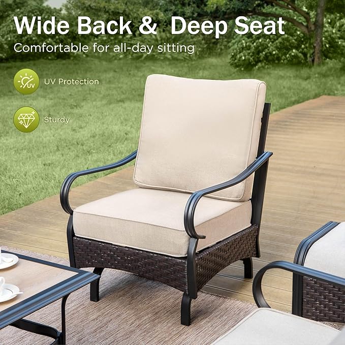 Patio Furniture Set with 56" Fire Pit Table, Premium Outdoor Wicker Metal Frame Furniture with Upgraded Waterproof Thick Cushions for Porch, Poolside, Deck, and Yard （4 Pieces,Beige）