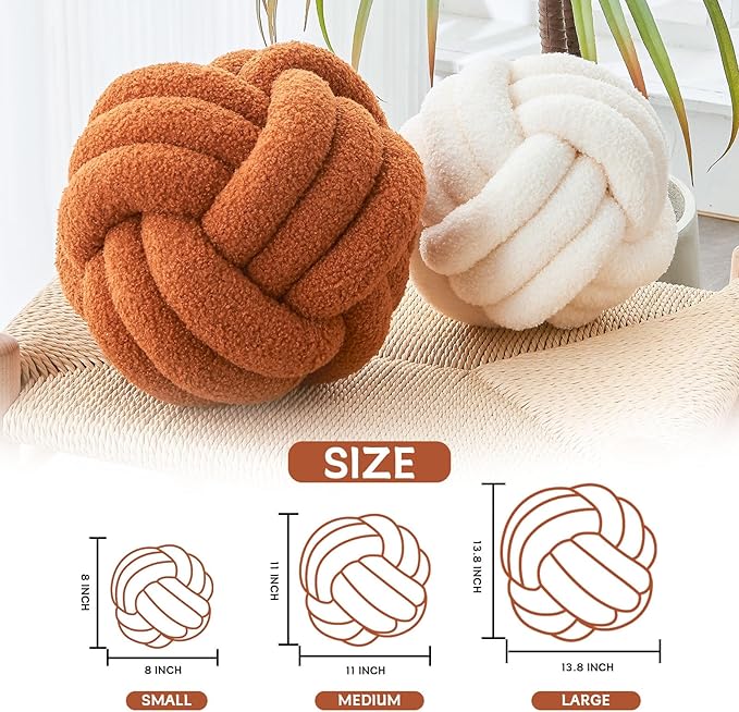 LUSJNGE Decorative Throw Knot Pillow Ball for Home Chair Sofa Couch Bed Aesthetic Round Decor Pillows Lambswool Knotted Pillow Cushion (Caramel, 13 inches)