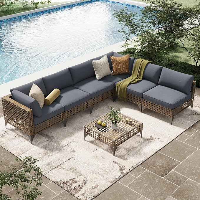 U-MAX 7-Piece Patio Furniture Set with Tea Table, Boho Outdoor Furniture Set Sectional Sofa Wicker Conversation Set with Dark Brown Rattan&Dark Grey