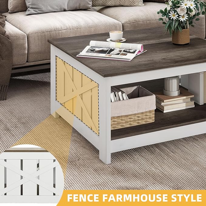 DWVO Square Coffee Table for Living Room, Farmhouse Coffee Table with Storage, 2-Tier Wood Coffee Tables Center Table with Half Open Storage Compartment, Dark Brown