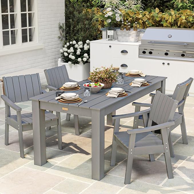 ZHUSI Patio Table and Chairs Set, Outdoor Table and Chairs,HDPE Outdoor Dining Set with Umbrella Hole for Backyard, Poolside, Porch 6 Armchairs - Image 2