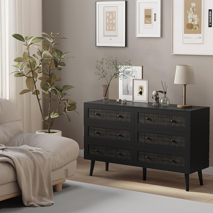 Dresser for Bedroom with 6 Drawer, Rattan Chest of Dressers, Wide Wood Double Dresser, Wooden TV Stand Closet Storage Furniture, Boho Small Clothes Organizer for Hallway, Living Room, Entryway, Black - Image 7