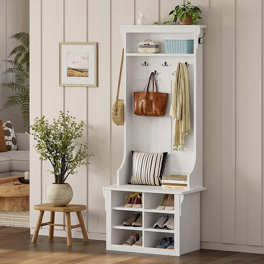 IRONCK Hall Tree with Bench and Shoe Storage, 6-in-1 Entryway Bench with Coat Rack, Adjustable Shelf, Hanging Hooks, 6 Shoe Cubbies, 2-Tier Top Storage, for Entryway, Bedroom, Living Room, White by IRONCK