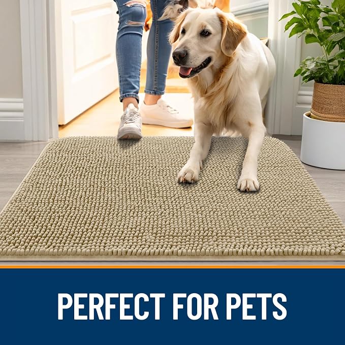 OLANLY Dog Door Mat for Muddy Paws 30x20, Absorbs Moisture and Dirt, Absorbent Non-Slip Washable Doormat, Quick Dry Chenille Mud Mat for Dogs, Entry Indoor Entryway Carpet for Inside Floor, Beige - Image 6