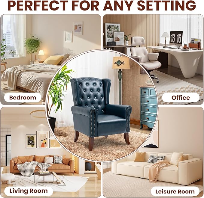 PU Leather Accent Chair Set of 2, Modern Upholstered Living Room Chair Sofa Chair with Wooden Legs, Wingback Armchair Club Chair for Bedroom,Study Room, Lounge (Dark Blue)