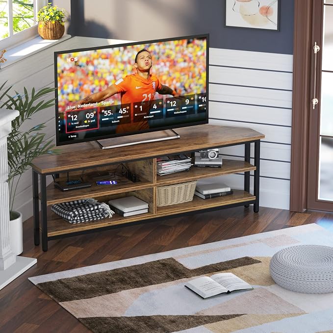 Unikito 55'' Corner TV Stand with Power Outlet, Corner Entertainment Center TV Console Table with 4 Open Storage Shelves, Metal Frame for Living Room, Bedroom, Industrial 60'' Corner TV Stand, Rustic - Image 4