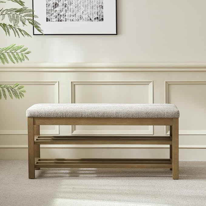 VKNOW Entryway Bench, 44.3” Upholstered Shoe Storage Bench for Bedroom, 2-Tier Storage End of Bed Bench with Rubberwood Legs for Living Room, Hallway, Brown - Image 7