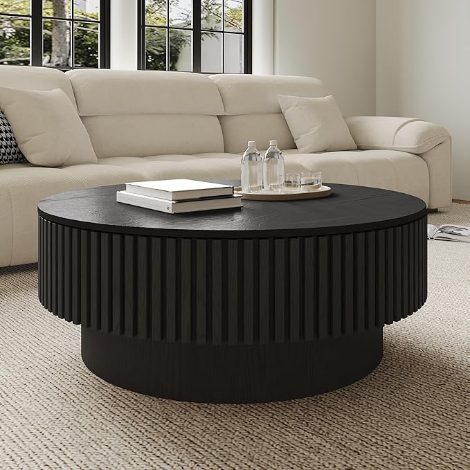 Round Coffee Table with Storage, Modern Fluted Wood Coffee Tables with Sturdy Base, 31.5" Drum Circle Center Tea Table for Living Room Apartment, Easy Assemble - Black