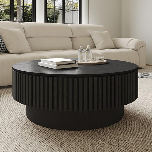 Round Coffee Table with Storage, Modern Fluted Wood Coffee Tables with Sturdy Base, 31.5" Drum Circle Center Tea Table for Living Room Apartment, Easy Assemble - Black
