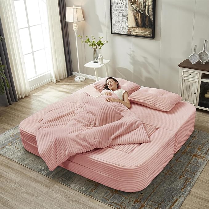 80" Convertible Sectional Sofa Bed, 3-in-1 Folding Floor Couch with Convertible Chaise Lounge, Plush Corduroy Sleeper Sofa for Living Room and Bedroom, No Assembly Required (Pink)