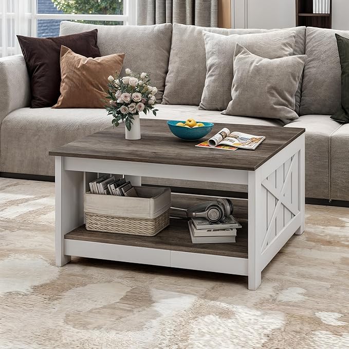 DWVO Square Coffee Table for Living Room, Farmhouse Coffee Table with Storage, 2-Tier Wood Coffee Tables Center Table with Half Open Storage Compartment, Dark Brown