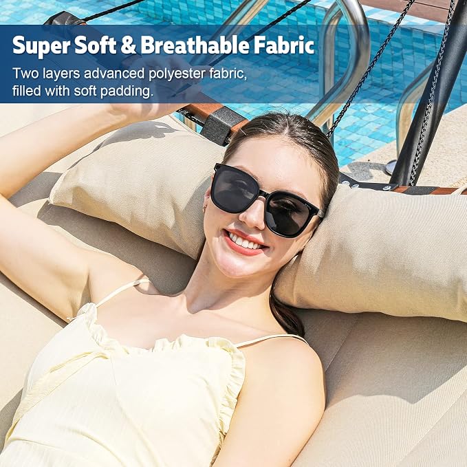 TegerDeger 12FT 2 Person Hammock with V Shaped Hardwood Spreader Bar & Nylon Rope for Outside, Patio, Garden, Backyard, Beach, Poolside, 450LB Capacity, 55in x 79in - Beige - Image 2