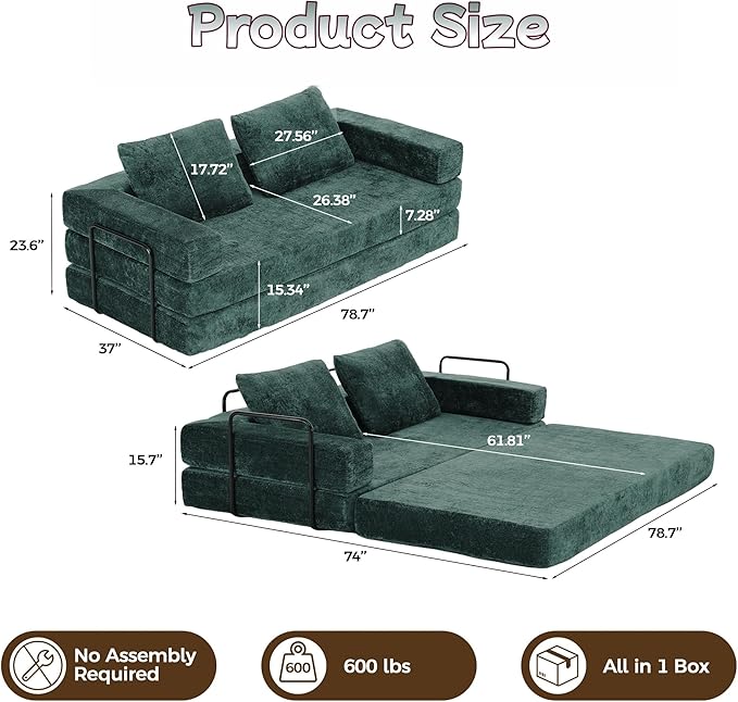 Convertible Sofa Bed, 4-in-1 DIY Combination Boneless Sleeper Sofa Bed with Pillows, Comfy Modular Couch with Fixed-Shape Frame, Chenille Convertible Lounge Couch for Living Room, Green