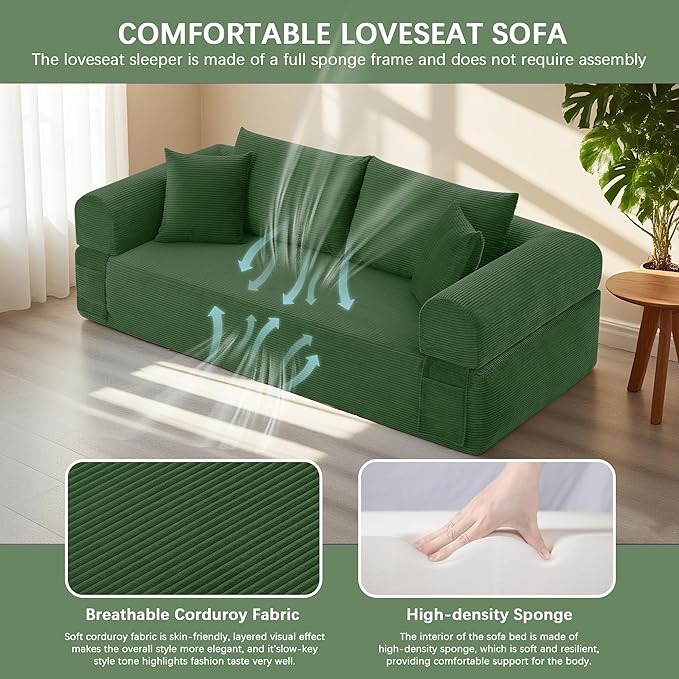 83" Modern Sofa in a Box, No Assembly Oversized 3 Seater 28" Deep Seat Cloud Sofa Bed Couch with 4 Furry Pillows & Corduroy Fabric, Boneless Couch with Side Storage Pockets for Living Room, Green