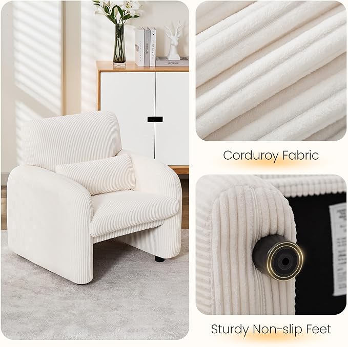 Modern Accent Chairs Set of 2, Comfy Upholstered Corduroy Armchair, Stylish Lounge Reading Chair for Living Room, Bedroom, Beige