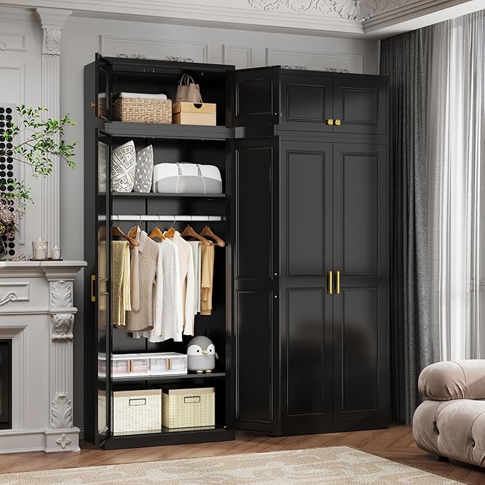 Metal Armoire Wardrobe Closet with Doors, 86" Tall Wardrobe Cabinet, Black Clothing Storage Cabinets with Adjustable Shelves for Bedroom, Home Office