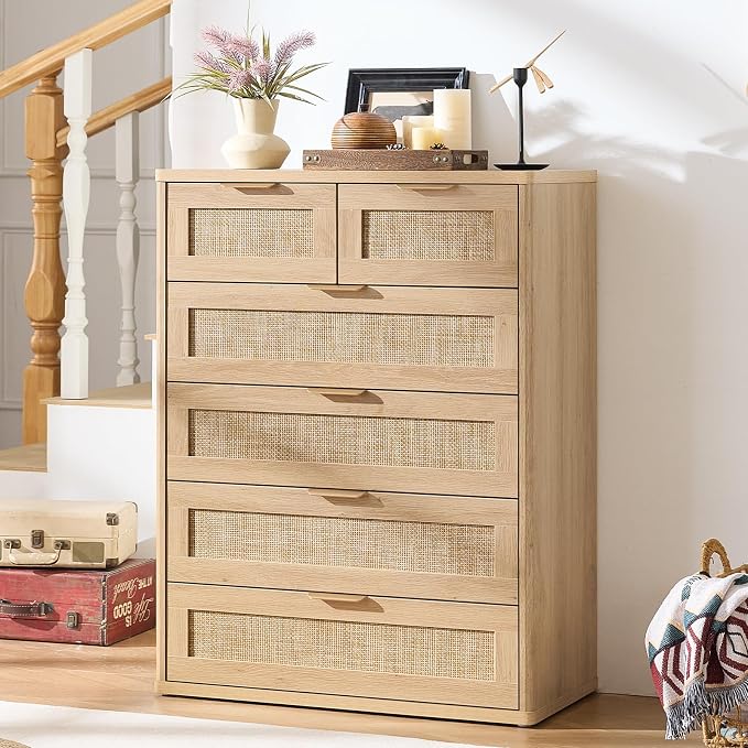 LEYAOYAO Rattan Dresser for Bedroom, 41" Tall Chest of Drawers, Modern 6 Drawers Boho Dressers with Storage, Light Oak Dresser Wooden Closet Organizer for Living Room, Hallway, Natural Wood - Image 9