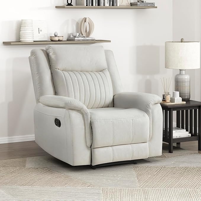 Lexicon Manual Recliner Chair, Polished Microfiber Reclining Sofa Chair, Home Theater Seating, Wall Hugger Manual Recliner for Living Room/Office/Apartment, Beige