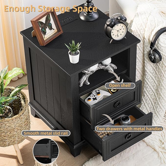 Joaxswe 18" Night Stands Set of 2 with Charging Station, Farmhouse 2 Drawers End Table Dresser for Bedroom, Black Wooden Nightstand, Bed Side Table with Open Shelf, Bedside Cabinet for Living Room - Image 4
