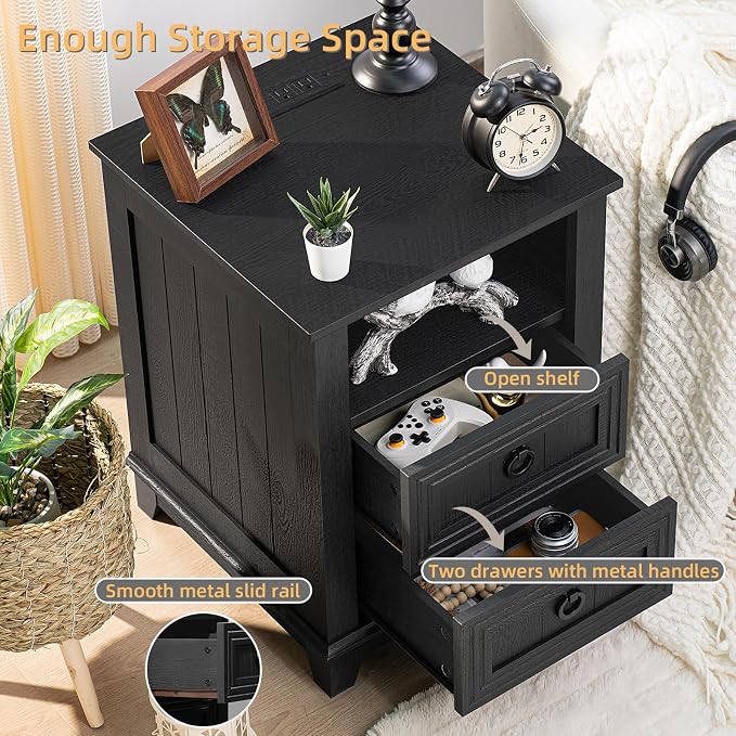 Joaxswe 18" Farmhouse Night Stand with Charging Station, 2 Drawers End Table Dresser for Bedroom, Black Wooden Nightstand, Bed Side Table with Open Shelf, Bedside Cabinet for Living Room, Closet - Image 4