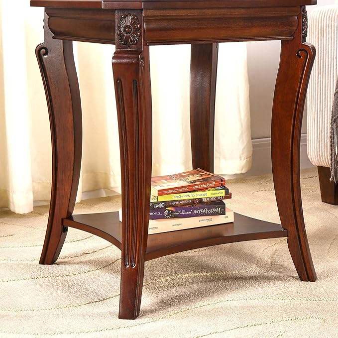 PADMA HOUSE Traditional Wood End Table with Glasstop and Curved Legs, Square Solid Wood Sofa Side Table with Storage Shelf, 2-Tier Glass Bedside Tables in Cherry for Living Room,19.7 * 19.7 * 23.8in