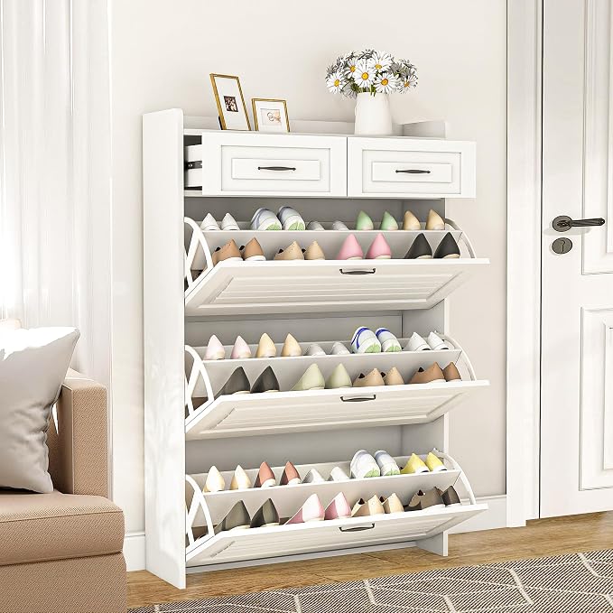 Vibe & Dine Narrow Shoe Organizer Cabinet with 3 Large Flip Drawers & 2 Storage Drawers - Slim Shoe Storage for Entryway, Hallway, Bedroom by VibeDine