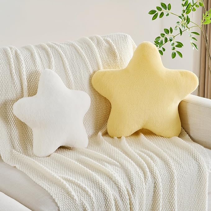 CANGHI 2PCS Star Moon Pillow Yellow Star Shaped Decorative Throw Pillows White Moon Shaped Pillow Aesthetic Plush Floor Seating Cushions with Soft Faux Rabbit Fur for Sofa Bedroom Living Room