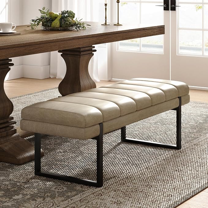 HULALA HOME 53" Faux Leather Entryway Bench, Button Tufted End of Bed Bench Ottoman for Bedroom, Living Room with Metal Base,Beige - Image 6