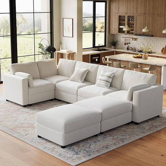 IDEALHOUSE 138" Modular Sectional Sofa, 7 Seater Sectional Couch, U-Shape Modern Sofa with Ottoman, Deep Seat, Oversized Convertible Modular Couch for Living Room Apartment Office, Chenille, Beige