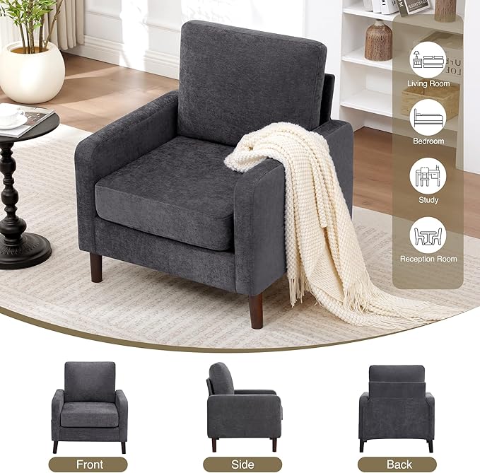 Accent Chair for Living Room, Modern Reading Chair for Bedroom, Upholstered Armchair with Wood Legs and Side Pockets, Single Sofa Side Chair for Office, Small Room, Apartment, Dark Grey