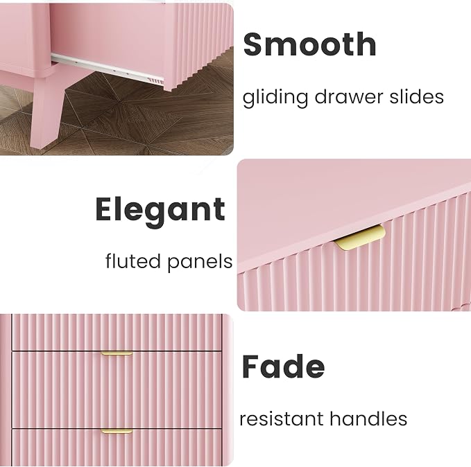 Wodeer Pink Nightstand with 3 Drawers, Mid Century Modern Wooden Bedroom Nightstand, Bedside Table & End Table with Metal Handles, Farmhouse Night Stands for Bedroom - Image 7