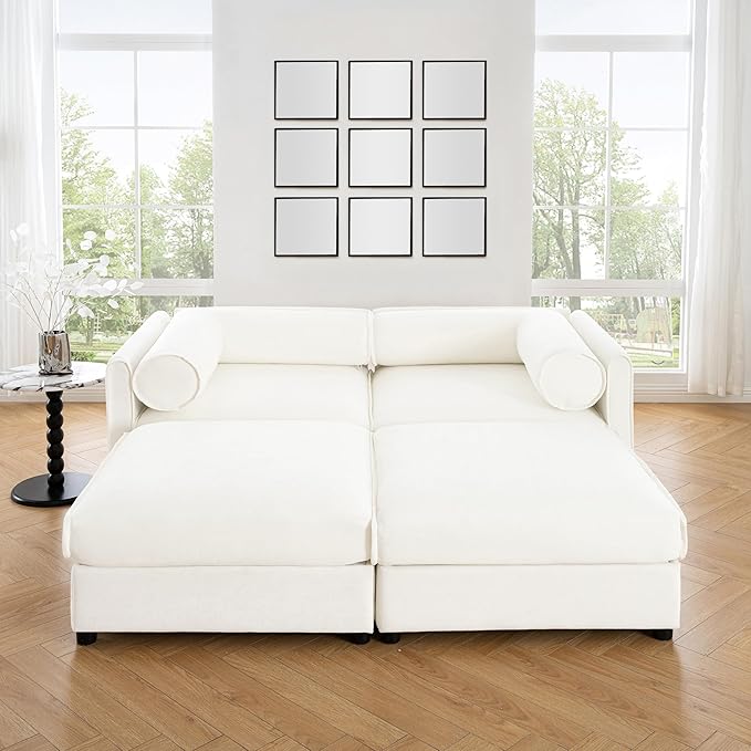 KEIKI 76" Modular Loveseat Chenille Sectional Sofa with Storage Seat and 2 Ottoman, Modern Style 2-Seater Couch with Cylindrical Backrest and Armrests, Easy Assembly, for Apartment, Living Room, White