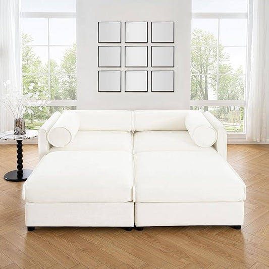 KEIKI 76" Modular Loveseat Chenille Sectional Sofa with Storage Seat and 2 Ottoman, Modern Style 2-Seater Couch with Cylindrical Backrest and Armrests, Easy Assembly, for Apartment, Living Room, White