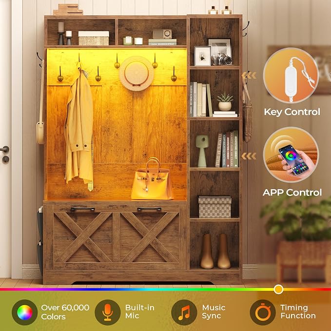 Itaar Hall Tree with Bench and Shoe Storage, Farmhouse Entryway Bench with Coat Rack, Shoe Cabinet with Flip Drawers, 7 Shelves, 10 Coat Hooks, Storage Bag, Led Lights, Rustic Brown - Image 8