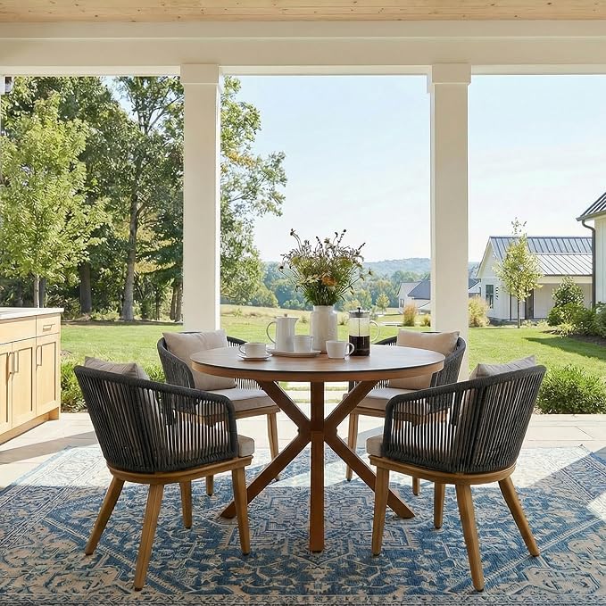 PURPLE LEAF 5 Pieces Patio Dining Set Wicker Outdoor Furniture Oversize Round Table and Chairs Set for Garden Deck Teak-Finish Aluminum Frame Backyard Kitchen Set, Cushions and Pillows Included by PURPLELEAF