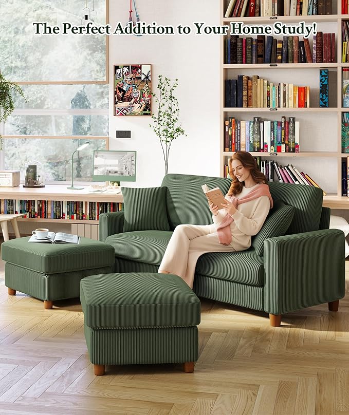 70.2" Couches for living room, Comfy U Shaped Couch Green 7.1" Thicker Cushion, Sofas for Living Room Tool-Free Setup, Loveseat with Ottoman 7058lbs Support, Corduroy Couch for Bedroom, Office