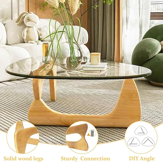 Modern Glass Coffee Table for Living Room, Small Coffee Table with Wood Legs, Mid Century Coffee Tables, Vintage Unique Center Table for Small Spaces Reception Office(Wood Transparent, 31.5in)