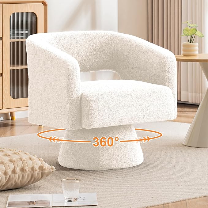 ClinQ Swivel Barrel Accent Chair, Oversized Teddy Upholstered Round Swivel Chairs Set of 1, Modern Luxury 360° Living Room Vanity Chair for Bedroom Office&Living Room, White