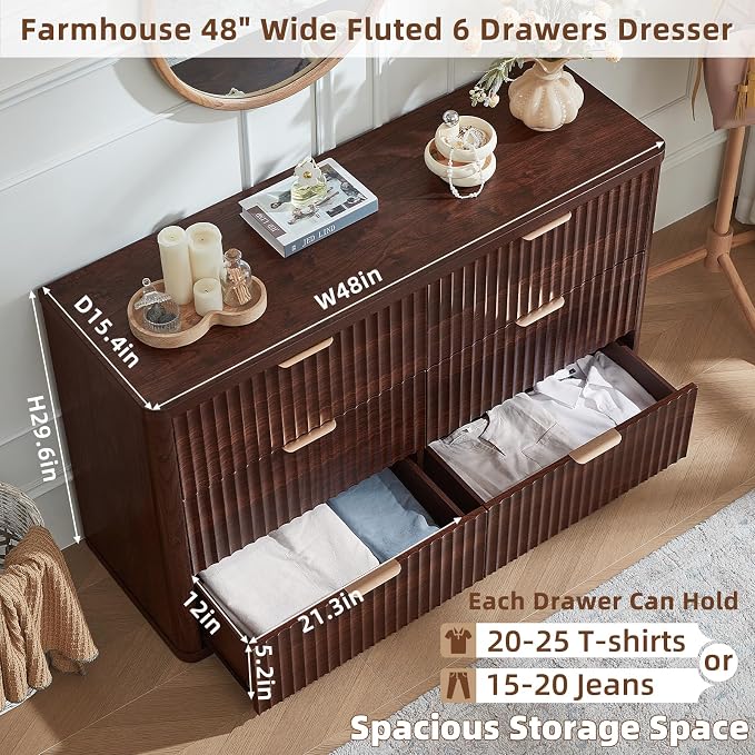 LEYAOYAO Fluted 6 Drawers Dresser for Bedroom, 48" Wide Modern Chest of Drawers with Metal Handle, Walnut Curved Profile Farmhouse Closet Organizer Wood Dressers TV Stand for Living Room, Hallway - Image 2