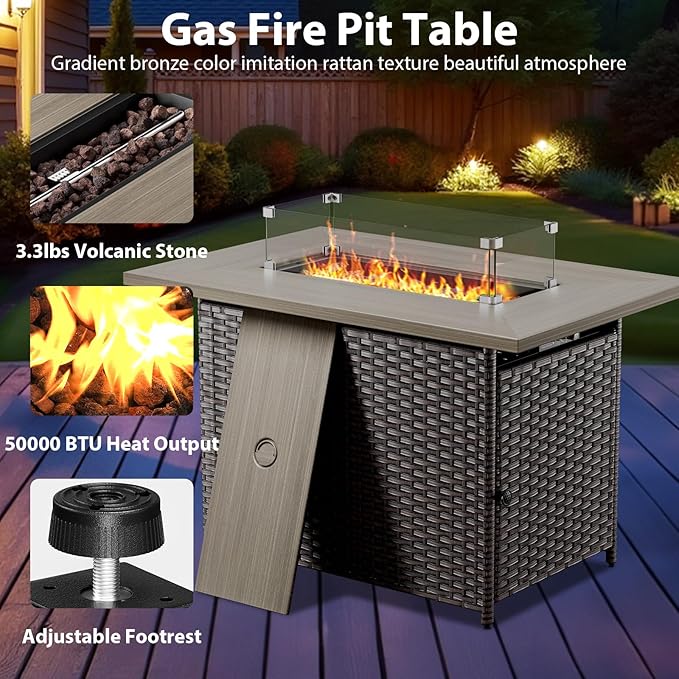 5 Piece Wicker Patio Furniture with Fire Pit Table - Outdoor Conversation Set with 50,000 BTU Fire Pit, All Weather Rattan Patio Set for Deck Backyard Garden - Brown Wicker Blue Cushion