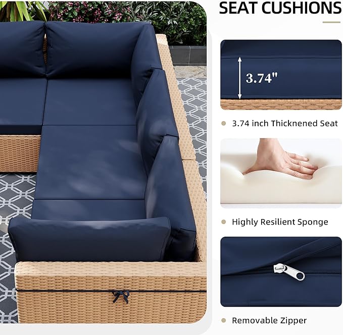 UPHA 7 Pieces Patio Furniture Sets, Wicker Outdoor Sectional Sofa Couch with Coffee Table, Patio Conversation Set for Deck Backyard Garden, Beige Rattan, Navy Blue Cushion