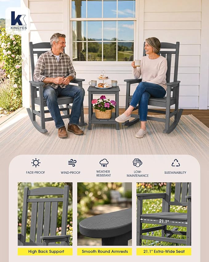 KINGYES Oversized HDPE Patio Rocking Chair Set of 2, Outdoor Rocking Chairs Porch Rocker for Adults, Grey - Image 6