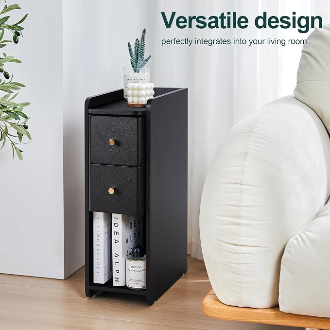 Narrow End Table Bedroom, Wooden Small 2 Drawer Nightstand, Thin Couch Side End Table, Skinny Bedside Table Small Spaces, Mid Century Modern Night Stand with Drawers (Black-1 pc) - Image 4