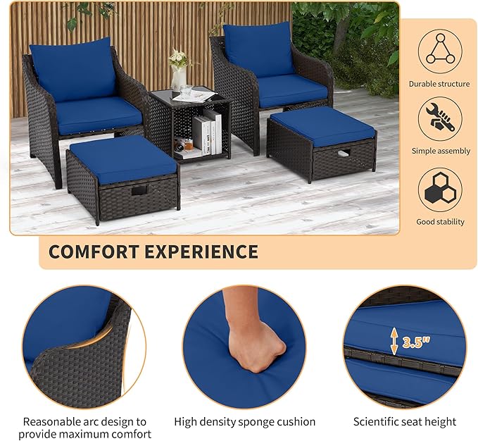 HOMREST 5 Piece Balcony Furniture, All Weather PE Wicker Rattan Patio Furniture Set, Cushioned Patio Chairs Set of 2 w/Ottoman&Table, Outdoor Lounge Chair for Lawn Pool Balcony, Navy Blue