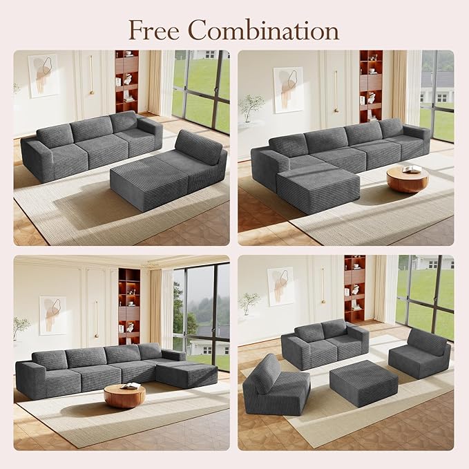 Vesgantti 159" Large Modular Sectional Sofa, L-Shaped Corduroy Cloud Couch with Deep Seats & Spring Support, 4-Seater Boneless Sofa with Movable Ottoman, No Assembly Needed, Grey
