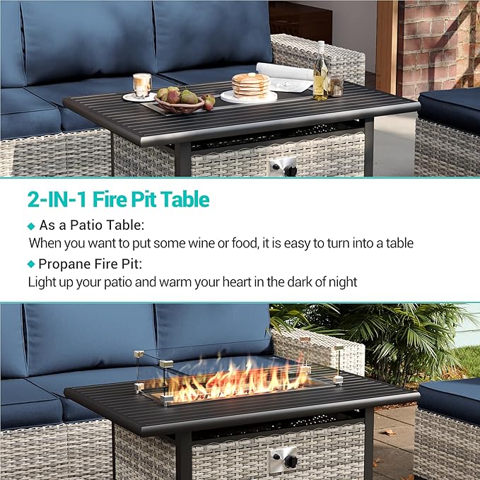16-Piece Outdoor Patio Furniture Set with Rocking Swivel Chair, PE Wicker Rattan Sectional Sofa Patio Conversation Set with 55,000 BTU Fire Pit Table & Side Table, Navy Blue