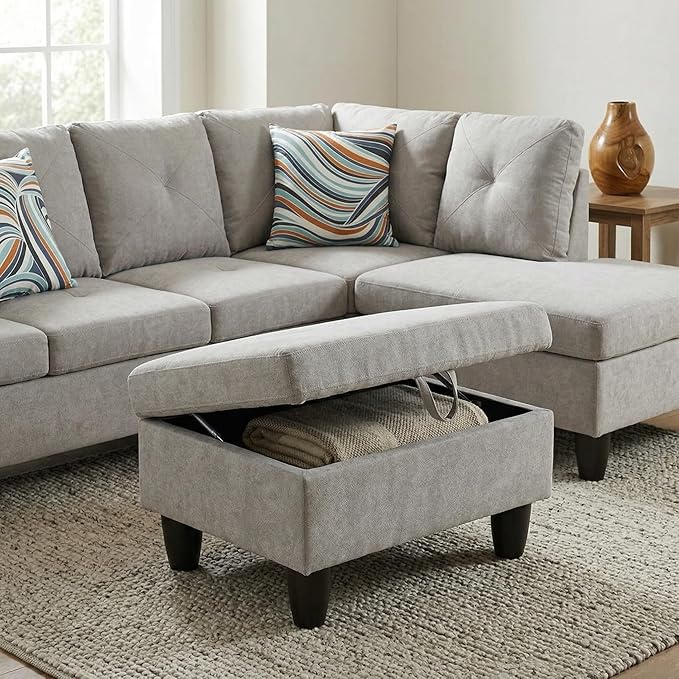 NicBex Modular L-Shaped Sectional Couches, 3-Piece Convertible Couch with Storage Ottoman, 4-Seat Comfy Sofa with Chaise for Living Room & Apartment, Off-White
