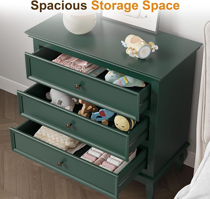 RoyalCraft Green Nightstand for Bedroom, Wide Nightstand with 3 Drawer, Modern End Table, Wood Beside Table for Home and Office, Green - Image 3